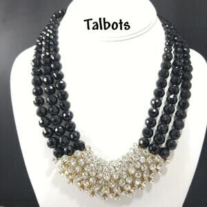 Vintage Rhinestones Black Glass Beaded Necklace, 3 Strands, Signed Talbots, NWTs